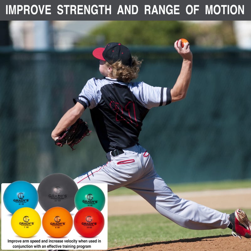 Grady's Pitching School Soft Shell Weighted Ball Set 32, 21, 14, 7, 5, and 3.5oz-Pitching/Throwing Velocity Training for Baseball and Softball - Image 4